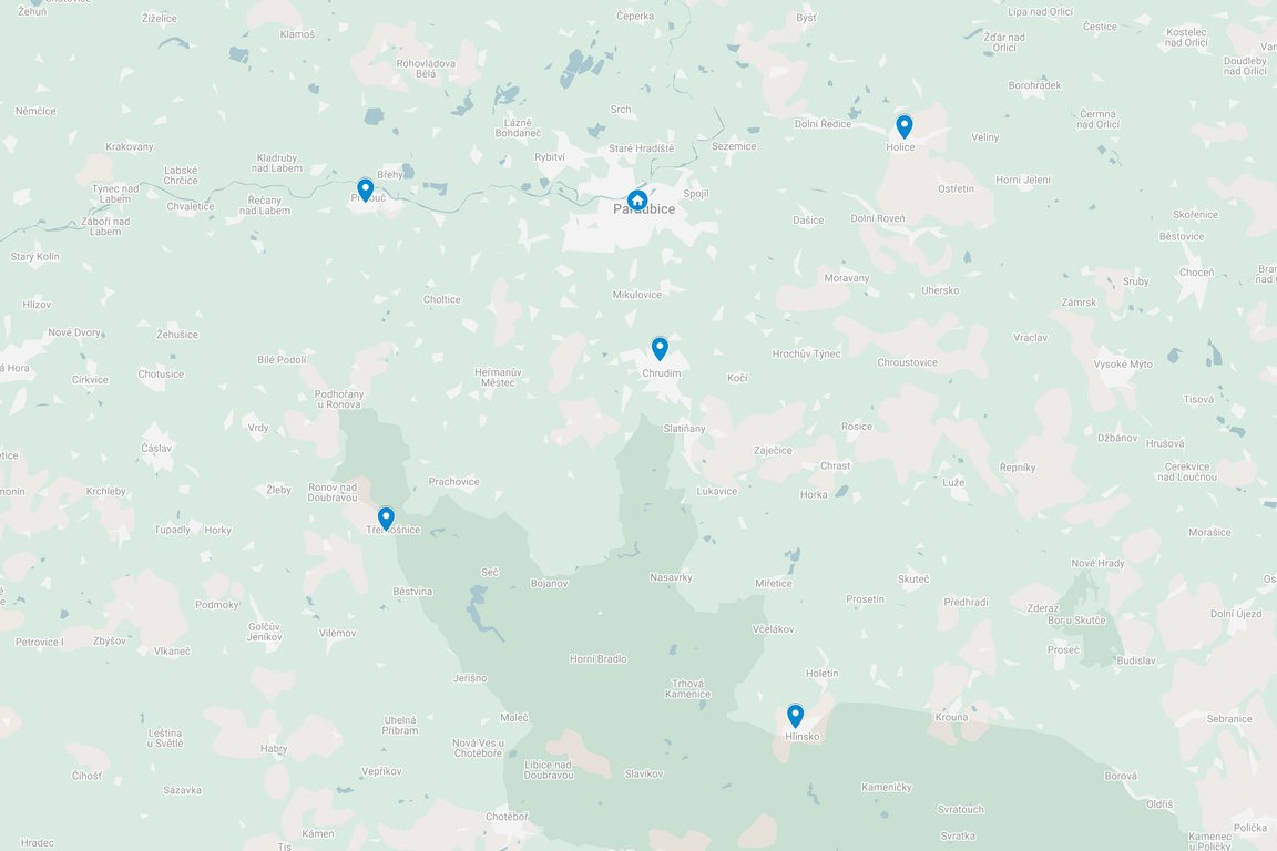 Mapa s vyznačenými pracovišti poradny